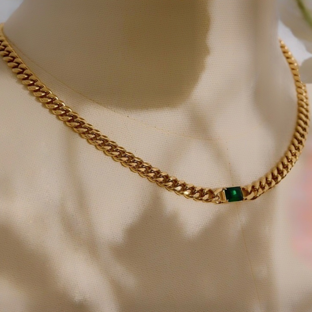 NEW Emerald Green Gemstone Set Gold-Plated Stainless Steel Cuban Link Choker